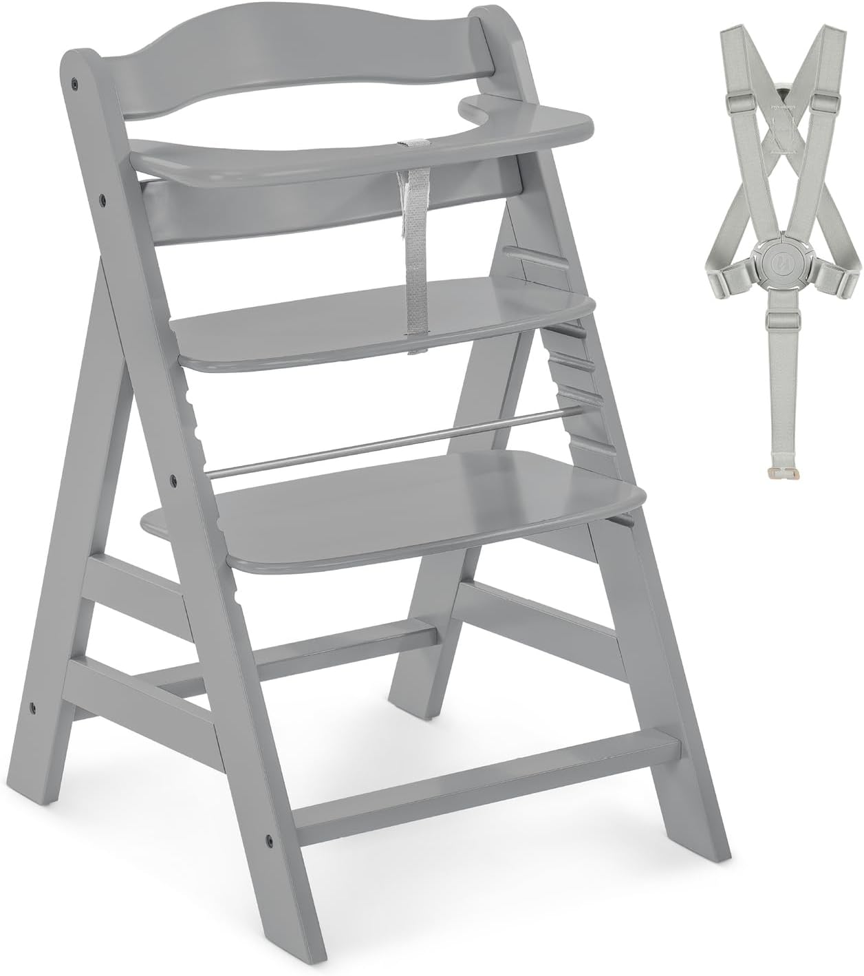 hauck Seggiolone Pappa in Legno Alpha+ - Seggiolone Evolutivo da 6 mesi fino a 90 kg - Sedia Evolutiva con Barra Frontale, Cintura Inguinale e a 5 Punti - Legno Certificato FSC® - Grigio