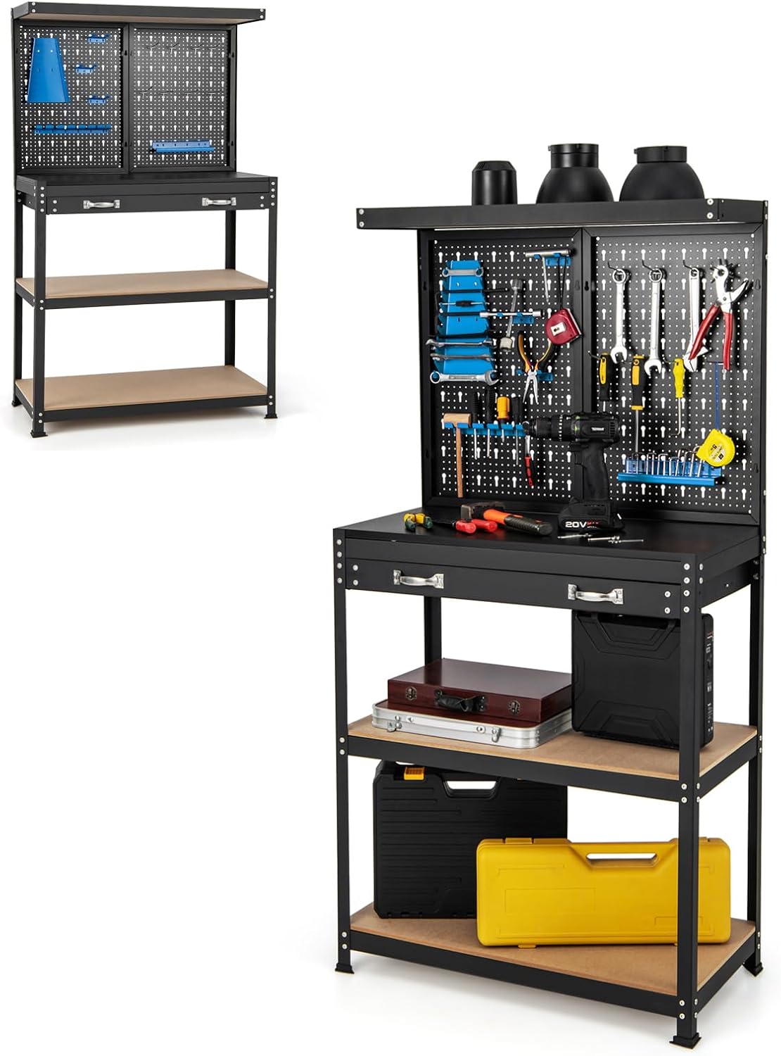 SOARS Banco da Lavoro, Organizer per Attrezzi in Metallo con 2 Pannelli Perforati con Kit di 14 Ganci, Cassetti e 2 Ripiani, Banchi da lavoro per Officina, Garage (Nero+Blu, 81 X 41 X 156 CM)