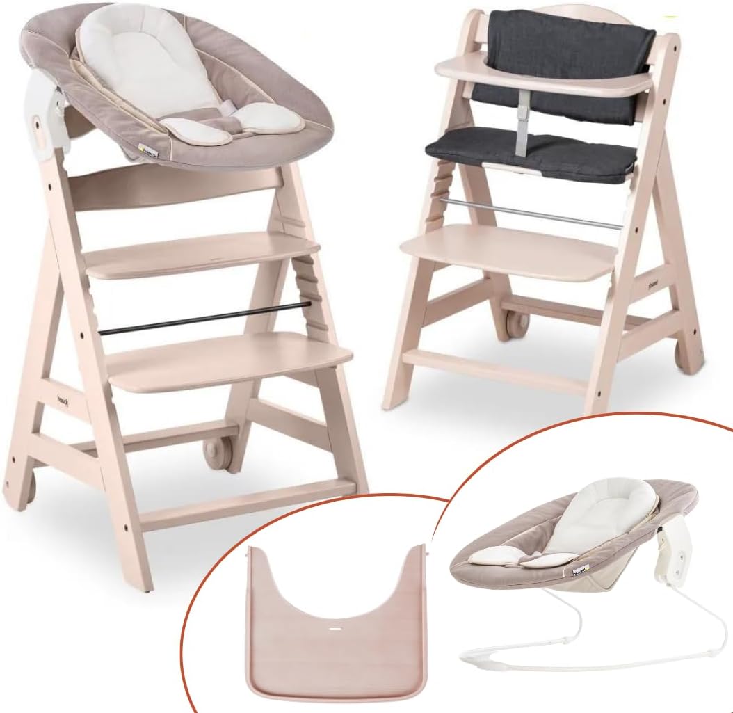hauck Seggiolone Beta+ Newborn Set - Seggiolone Evolutivo in Legno, con Sdraietta Neonati 2in1 (Dondolo Neonati), Cuscino Seduta, Vassoio - Whitewashed