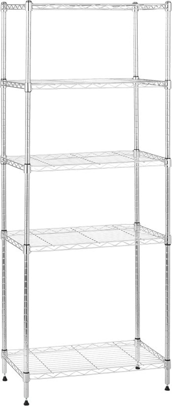 Amazon Basics Scaffaliera a 5 Ripiani Stretti, Altezza dei Ripiani e Piedini di livellamento Regolabili, Peso Massimo 453 kg, Cromo, 34 x 58.9 x 152.5 cm (D x W x H)