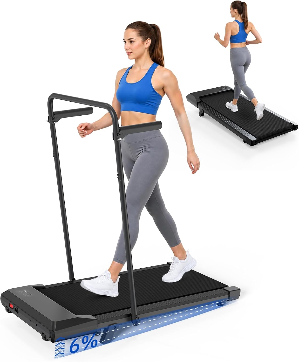 Superun Tapis Roulant Salvapazio Pieghevole Elettrico con Inclinazione 6%,2.5 CV Walking Pad,1-12km/h Tapirulan Elettrico Pieghevole con APP Controllo Corsi di Allenamento, Massima di 136 kg