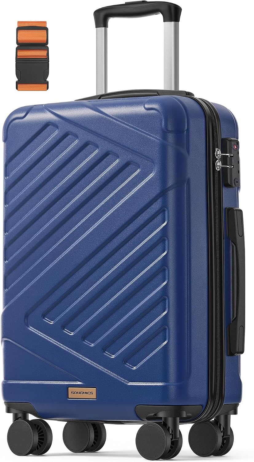 SONGMICS Valigia Rigida, Trolley da Viaggio, Chiusura TSA, Cinghia Inclusa, Bagaglio in ABS con 4 Ruote Doppie, Valigia Bagaglio a Mano da Cabina, M, 55 x 36 x 20 cm, Blu Porto RLP001Q101
