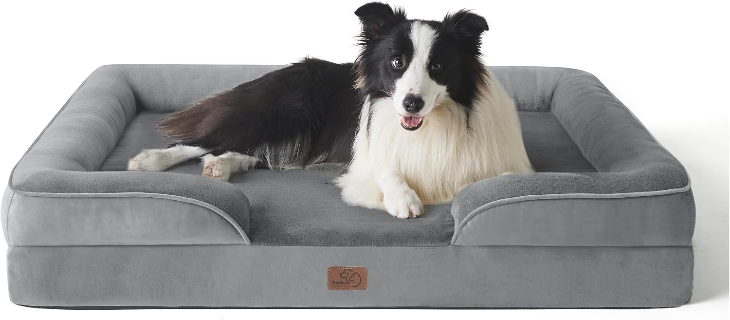 Bedsure Letto per Cani Grande 89x63x18cm - Divano per Cani Taglia Gande in Uovo Foam, Colore Grigio, Cuscino per Cani Sfoderabile e Lavabile