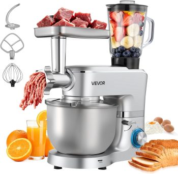 VEVOR Impastatrice Mescolatore per Cucina da 1500 W con Ciotola in Acciaio Inox 6 L e Ciotola per Mescolare 1,5 L, Impastatrice con 6 Velocità e Gancio per Impastare, Frusta e Sbattitore