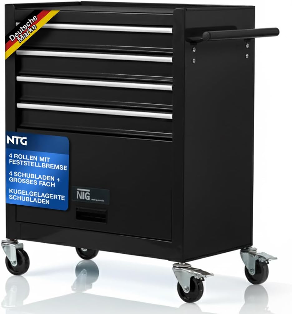 Carrello da officina NTG 4 cassetti + ampio vano - vuoto - Cassetti con cuscinetti a sfera - Dispositivo di sicurezza per il trasporto - 2 ruote con freno di stazionamento - Carrello portautensili