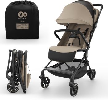 Kinderkraft NEBO passeggino da cabina ultraleggero, chiusura a una mano, resta in piedi da chiuso, 51×43×21 cm, tracolla e borsa, posizione distesa, cinture 5 punti, Beige