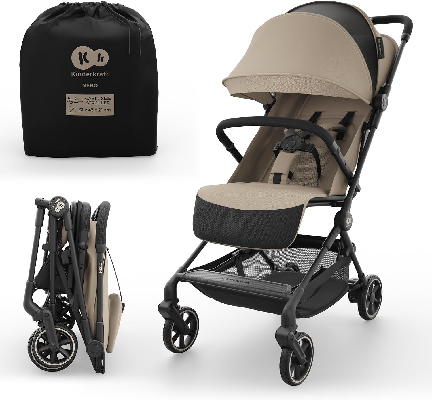 Kinderkraft NEBO passeggino da cabina ultraleggero, chiusura a una mano, resta in piedi da chiuso, 51×43×21 cm, tracolla e borsa, posizione distesa, cinture 5 punti, Beige