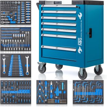 NTG carrello portautensili + utensili + 7 cassetti | 247 pezzi | chiudibile a chiave | 6 dei quali con utensili | con intarsi morbidi in carbon look | cassetti pieni | carrello portautensili