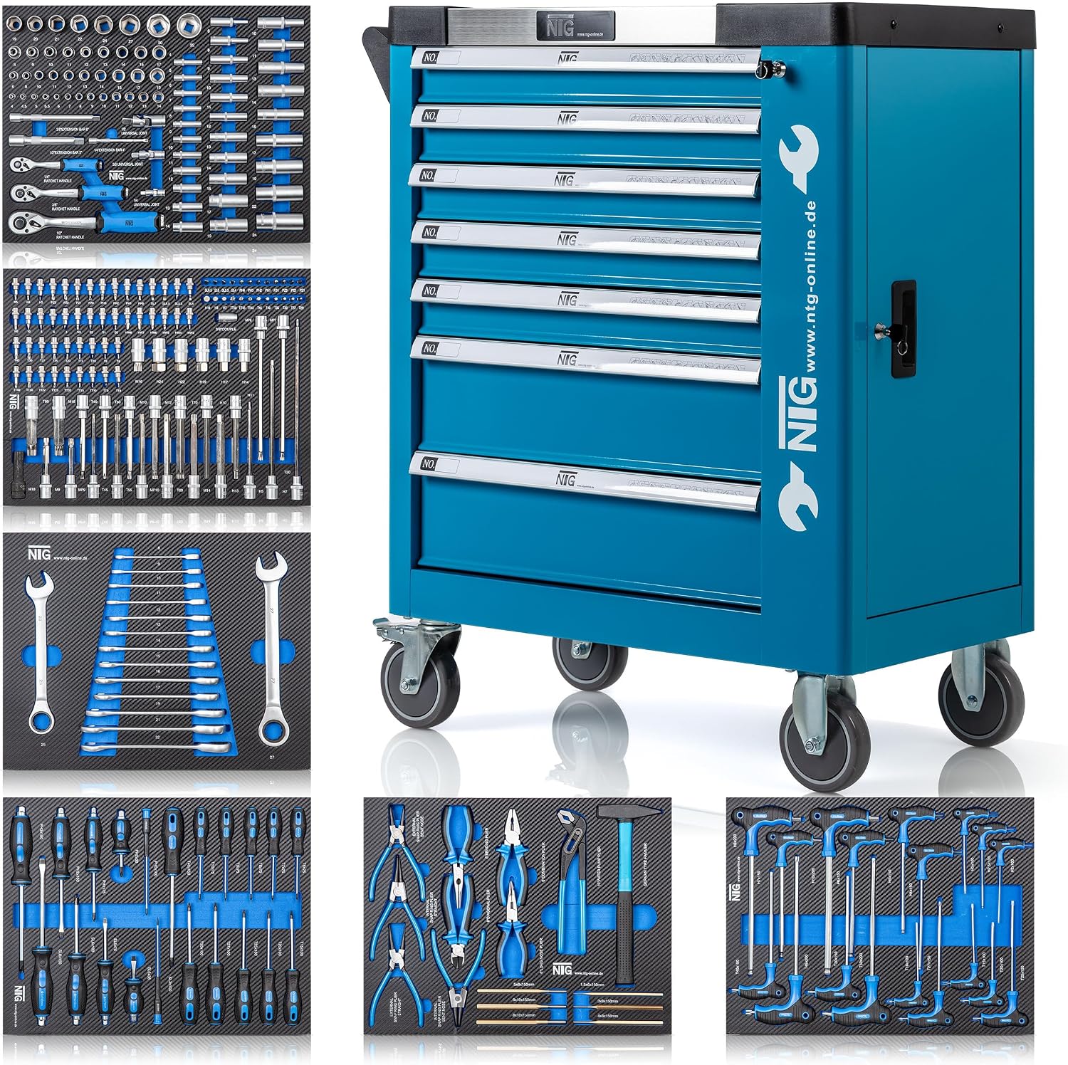NTG carrello portautensili + utensili + 7 cassetti | 247 pezzi | chiudibile a chiave | 6 dei quali con utensili | con intarsi morbidi in carbon look | cassetti pieni | carrello portautensili
