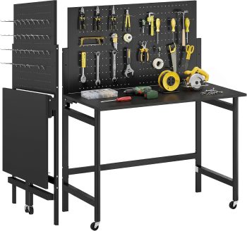 HOMCOM Banco da Lavoro Pieghevole 9cm con Pannello Forato e 30 Ganci Nero