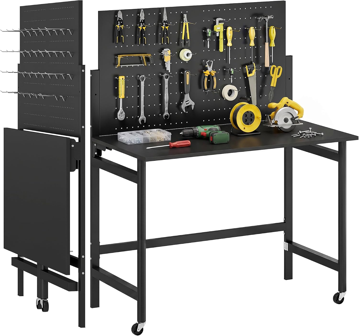 HOMCOM Banco da Lavoro Pieghevole 9cm con Pannello Forato e 30 Ganci Nero