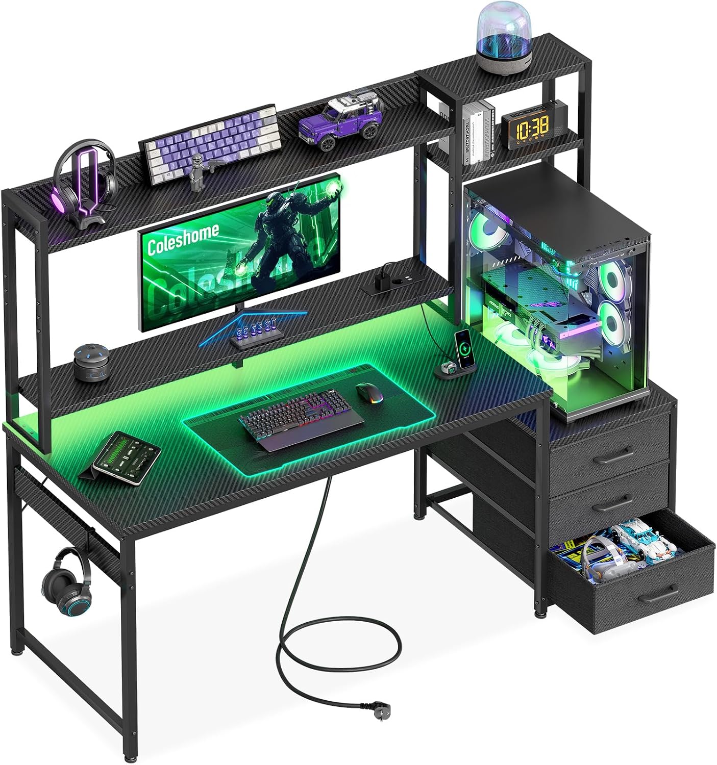 Coleshome Scrivania Gaming con Libreria e Cassetti, 137 × 48 cm