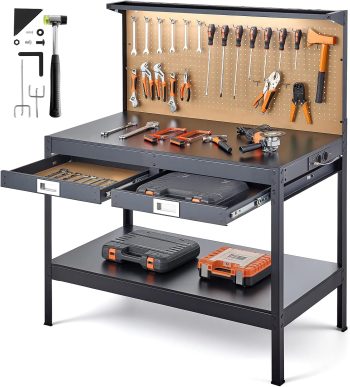 VEVOR Banco da Lavoro in Legno con Cassetti per Utensili, Banco da Lavoro con Pannello Forato per Officina, Carico Max. 110 kg, 4 Prese CA e 2 Porte USB, Cavo da 1,5 m e 30 Ganci, 150 x 61 x 120 cm