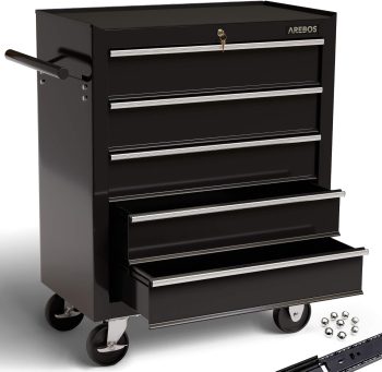 AREBOS carrello da officina a 5 scomparti | con serratura centrale | rivestimento antiscivolo | ruote con freno di stazionamento | metallo massiccio | Nero