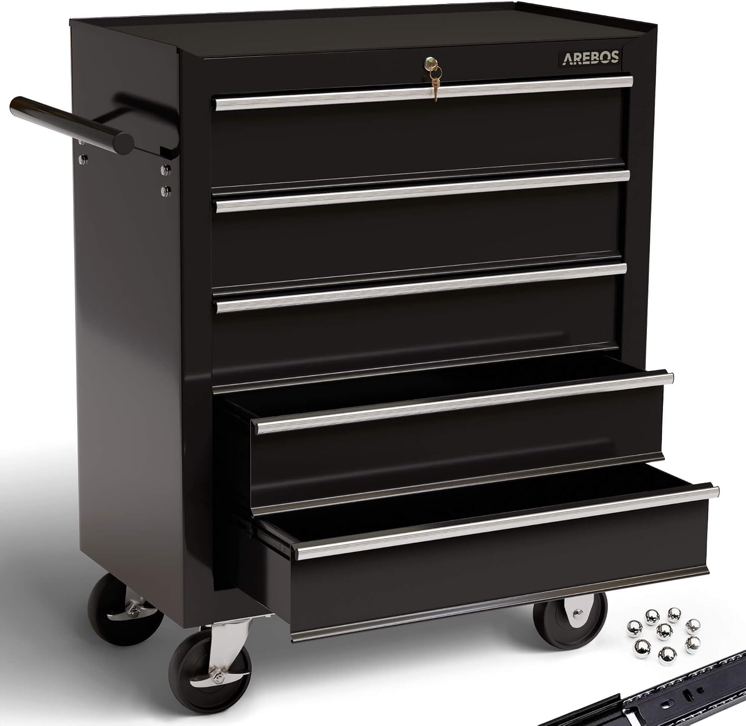 AREBOS carrello da officina a 5 scomparti | con serratura centrale | rivestimento antiscivolo | ruote con freno di stazionamento | metallo massiccio | Nero
