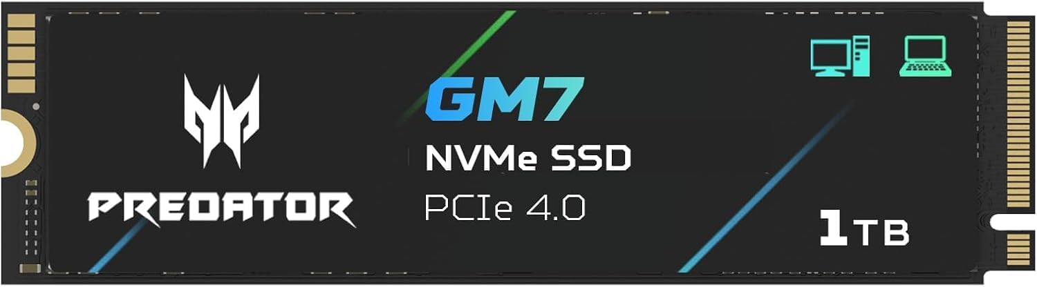 Acer SSD Predator GM7 da 1TB, M.2 2280 PCIe Gen4 x4 NVMe 2.0, Fino a 7400 MB/s, Con Tecnologia HMB+SLC, Unità SSD Interna per PC Portatile, Desktop e PS