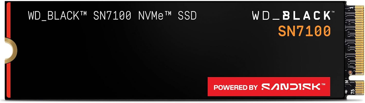 WD_BLACK SN7100 NVMe SSD 1TB (Fino a 7.250MB/s / 6.900MB/s lettura/scrittura, M.2 2280, PCIe Gen4. Next Gen TLC 3D NAND, Progettata per i laptop i dispositivi portatili da gaming) POWERED BY SANDISK