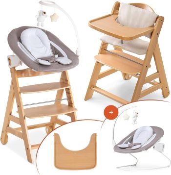 hauck Alpha Move Set Deluxe - Seggiolone in Legno Evolutivo Da 0 Mesi - Sedia Bambini Regolabile con Sdraietta Neonato Reclinabile, Cuscino e Vassoio - Naturale, Grigio