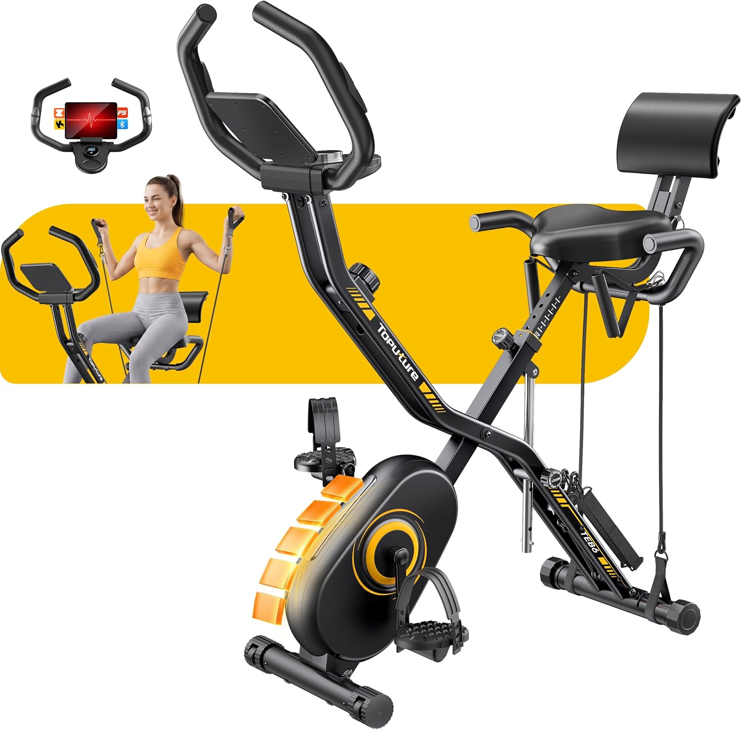 Nuova Toputure Cyclette da Casa Pieghevole con APP, Cyclette Pieghevole 5 in 1 con 16 Livelli di Resistenza, Display LCD e Cardiofrequenzimetro, Fasce Elastiche, Ultra Silenziosa, Portata 150 kg
