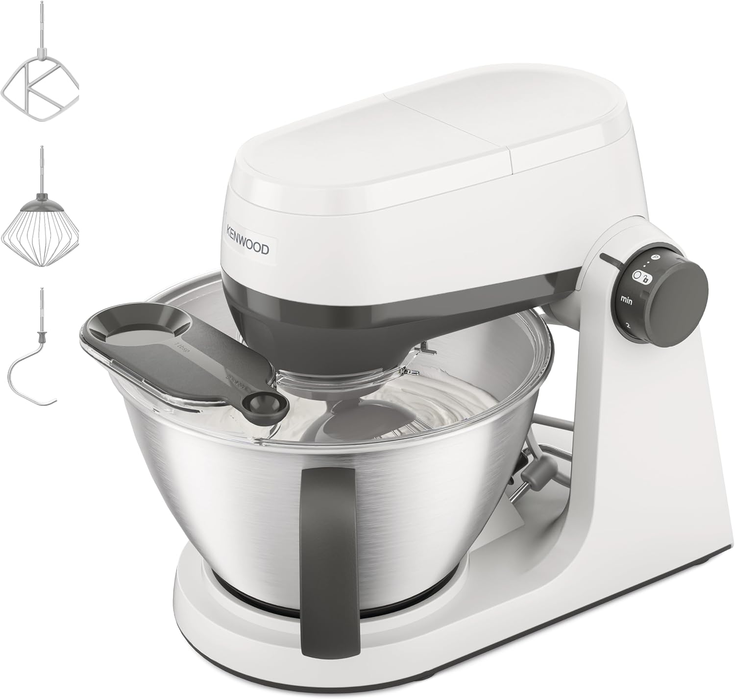 Kenwood Multi Tasker – Impastatrice Planetaria con Testa Sollevabile, Ciotola 4,3L, Capacità 1,7 kg Impasto, con accessorio Frullatore, Attacco Accessori e Paraschizzi, Bianca (KHC30.000WH)
