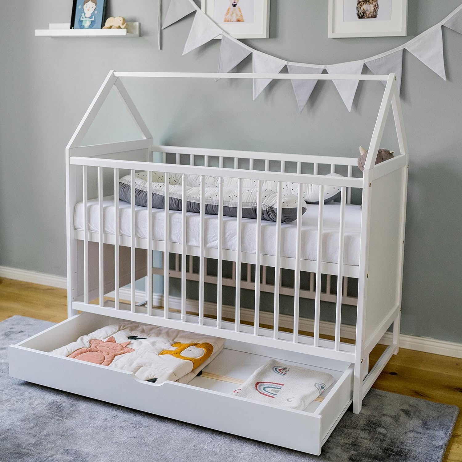 Lettino per bambini Letto per bambini 60x120 cm con cassetto Lettino 120x60 cm bianco con cassetto, regolabile in altezza e trasformabile per bambini, bambine e ragazze dalla nascita a 3 anni
