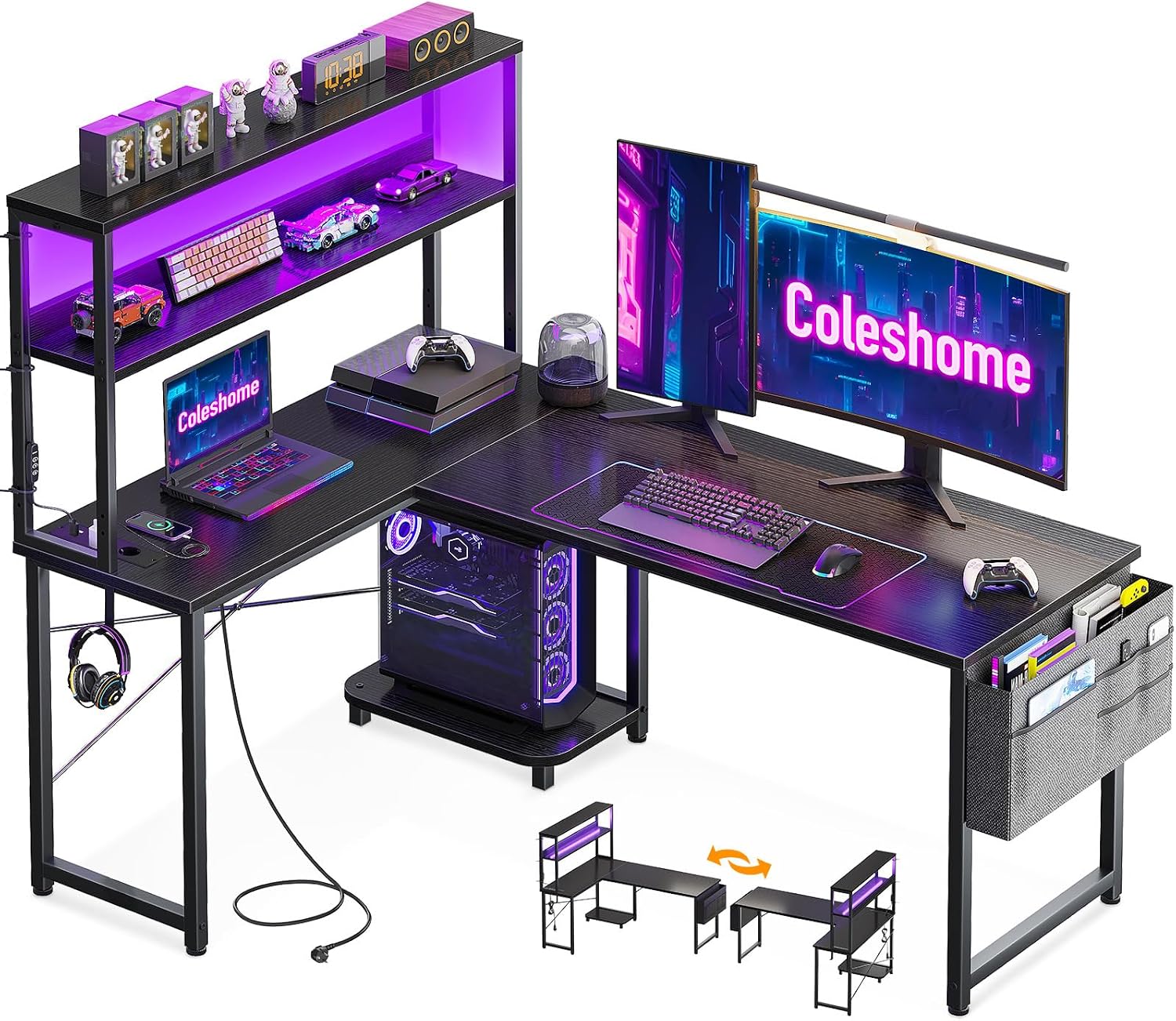 Coleshome Scrivania Gaming Angolare con LED 1 Presa Reversibile 135x100cm