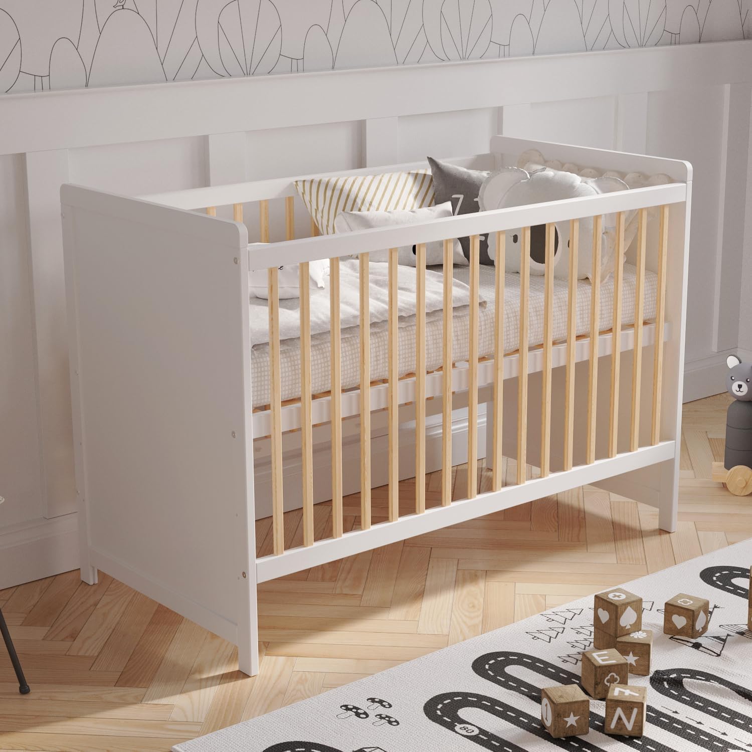 Love For Sleep TOKYO Culla Neonato 120x60 cm in Legno di Pino Bianco – Lettino Trasformabile con Barriera di Sicurezza per Bambino 0-3 Anni