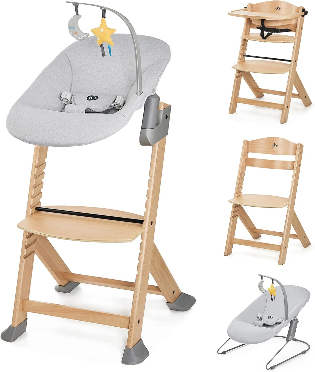 Kinderkraft ENOCK Seggiolone Pappa + Sdraietta CALMEE, in Legno, Evolutivo, Multifunzionale, Sedia Ergonomica, Altezza Regolabile, Facile da Pulire, dai 6 Mesi ai 10 Anni