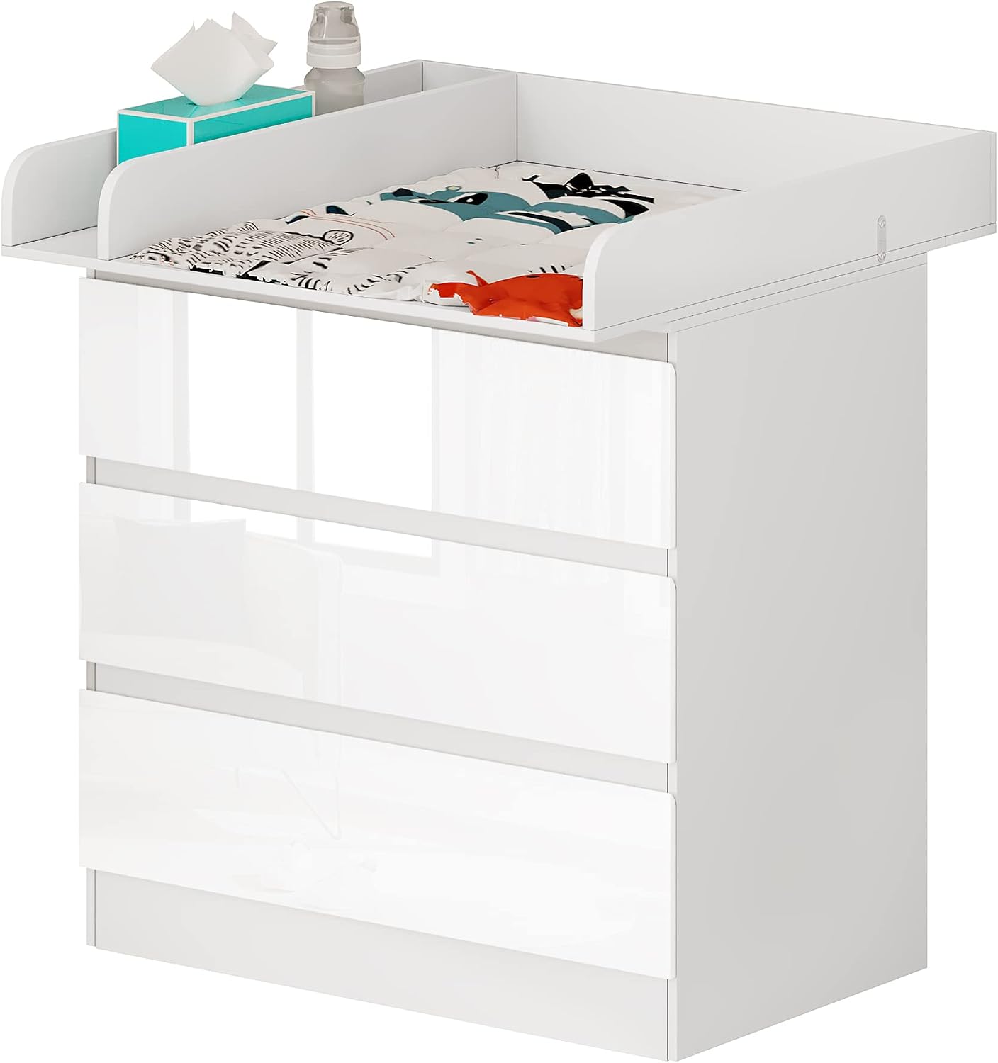 WOLTU Cassettiera con Fasciatoio per Bambini, 3 Cassetti, Fasciatoio con Divisorio Rimovibile, in MDF, Truciolare e Metallo, Bianco + Bianco Lucido