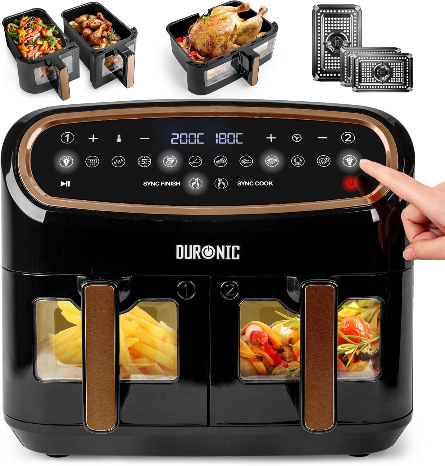 Duronic AF34 BG Friggitrice ad Aria extra grande 2400W, 10L, 3 cestelli