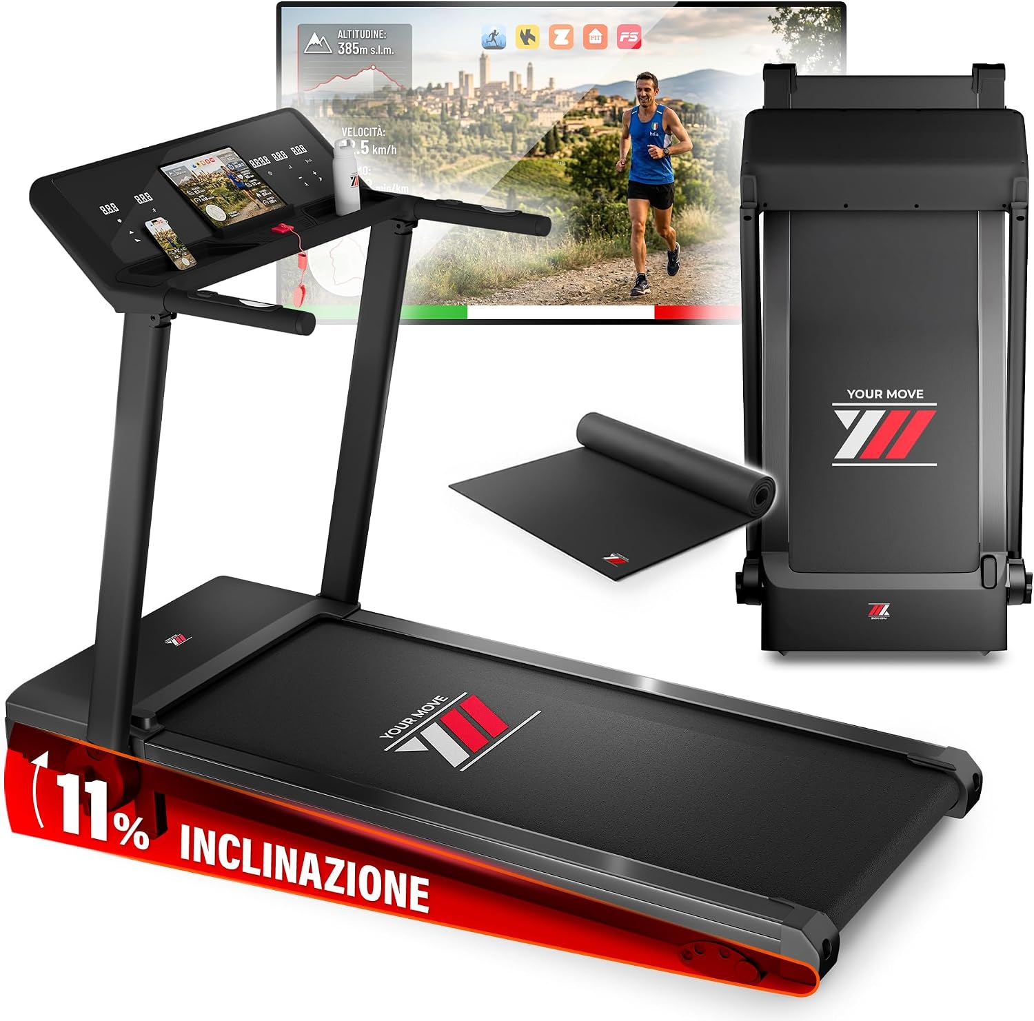 YM Tapis Roulant Salvaspazio 16 km/h, Marchio Italiano, Inclinazione, APP Compatibili, Pieghevole, Ampia Superfice, 2 Sistemi Controllo (TASTI + GESTUALE) Brevettato, NEXT 4000 Your Move