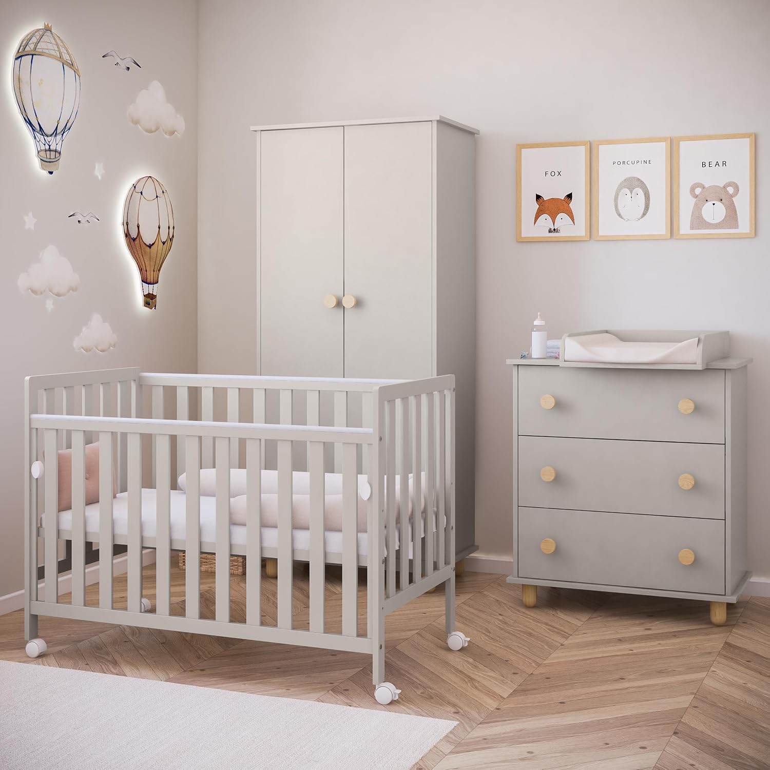 zee BAMBI Lettino Neonato 120x60 cm Cashmere con Ruote Lettino Bambino con Lato Abbassabile Rete Regolabile 3 Livelli Letto per Bambini
