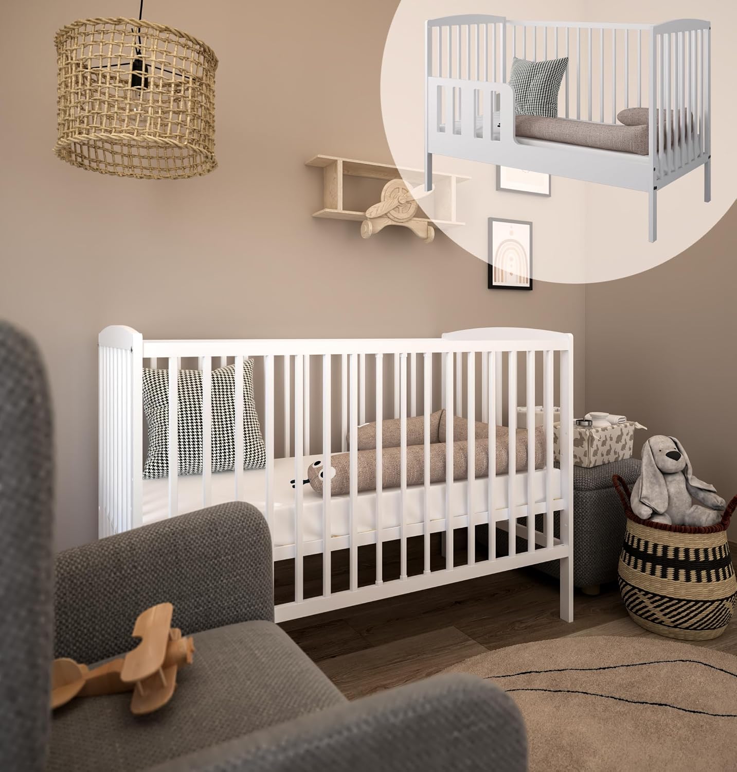 zee Lettino Neonato 120x60 cm Bianco 2in1 Trasformabile in Letto Junior Altezza Regolabile su 3 Livelli con Sponda di Sicurezza Legno di Pino