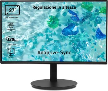 Acer Vero CB272Gbirf Monitor PC 27", Display IPS Full HD 120 Hz, 1ms (VRB), 16:9, AdaptiveSync, VGA, HDMI 1.4, Lum 250 nits, Regolazione in altezza, ZeroFrame Pro, Cavo HDMI Incluso, Nero