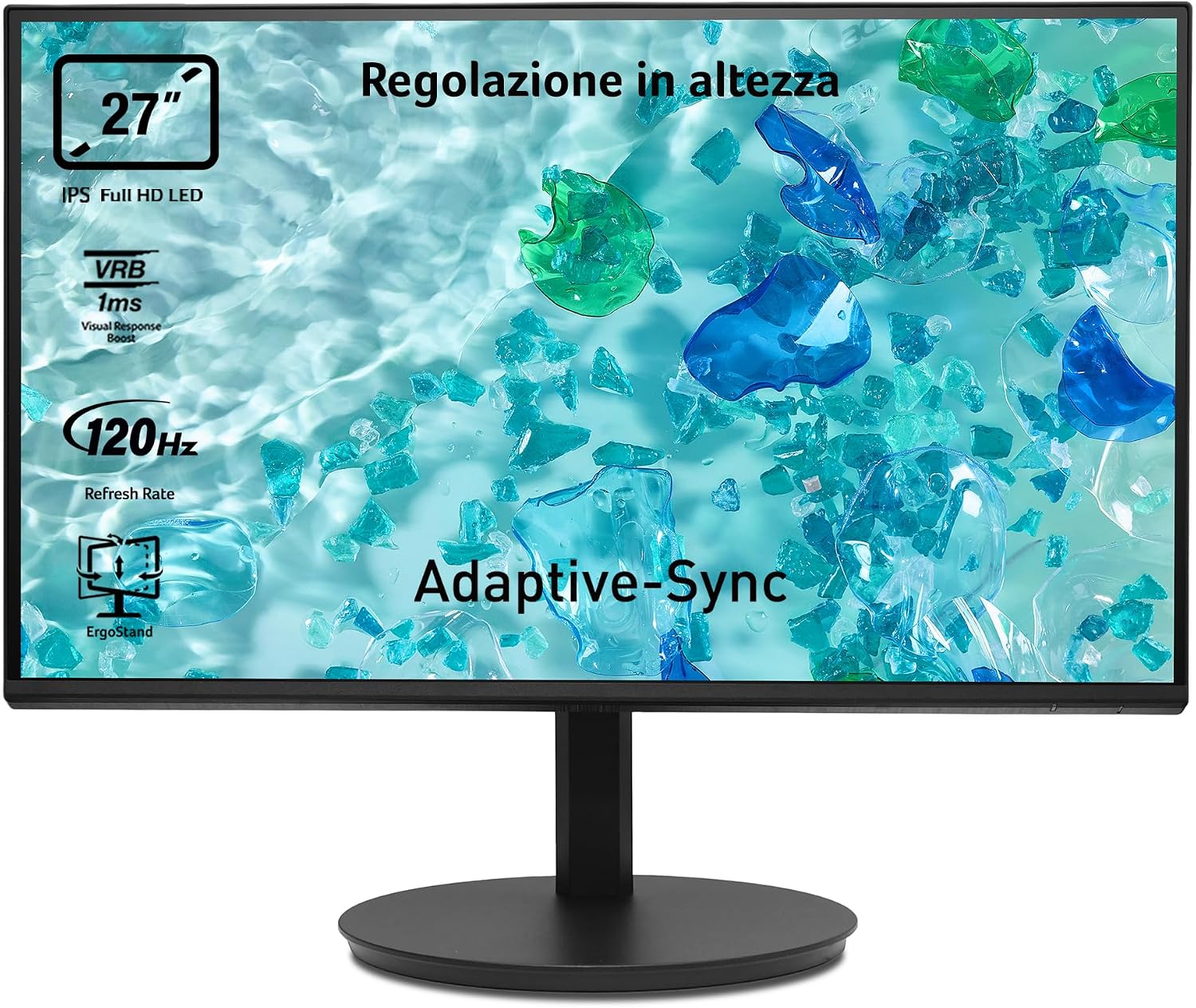 Acer Vero CB272Gbirf Monitor PC 27", Display IPS Full HD 120 Hz, 1ms (VRB), 16:9, AdaptiveSync, VGA, HDMI 1.4, Lum 250 nits, Regolazione in altezza, ZeroFrame Pro, Cavo HDMI Incluso, Nero