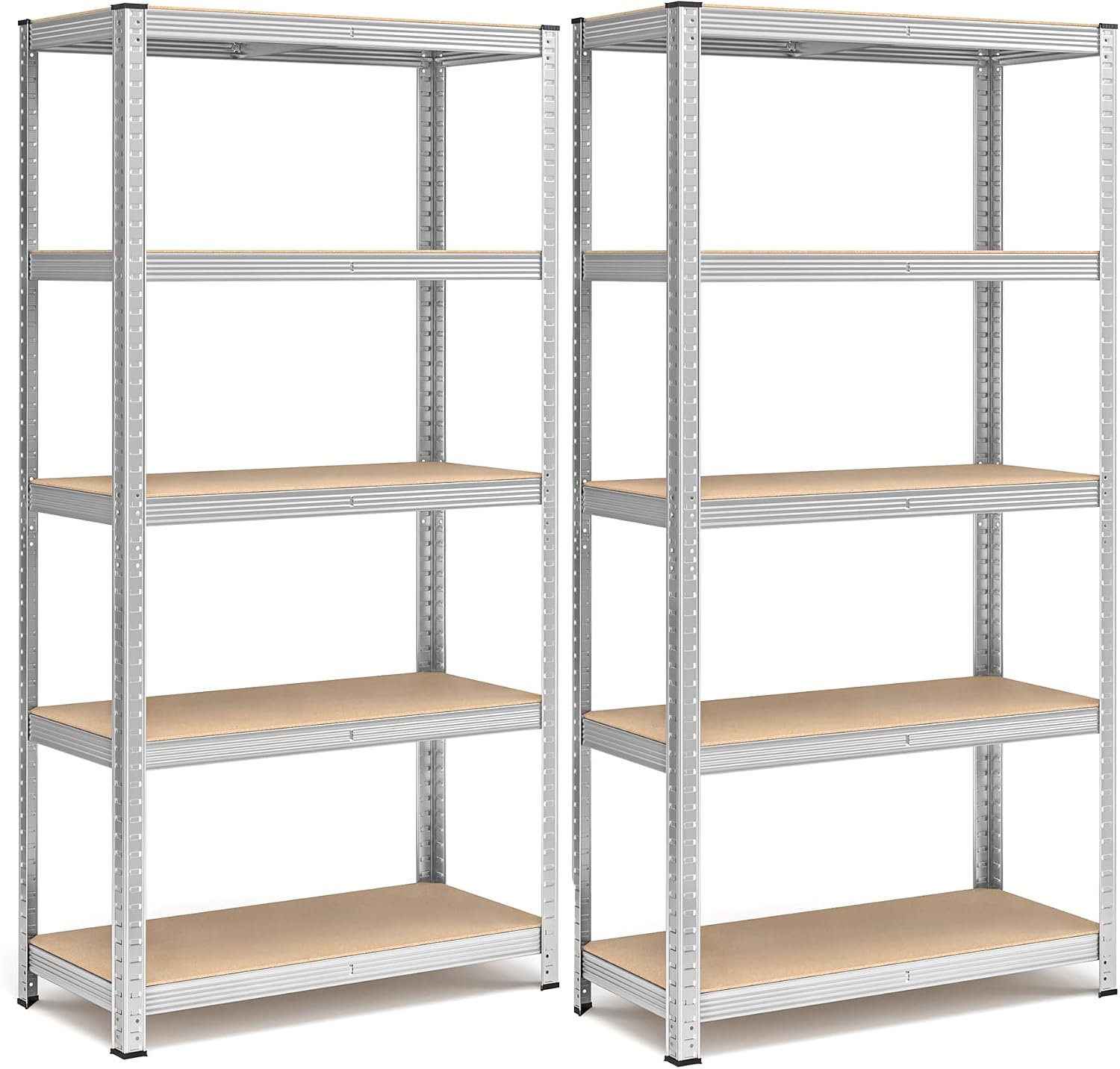 SONGMICS Set di 2 Scaffali in Metallo, Scaffalature a 5 Ripiani Regolabili, Senza Viti, Scaffale Salvaspazio per Garage, Magazzino, Portante 875 kg, 40 x 90 x 180 cm, Argento GLR040E02