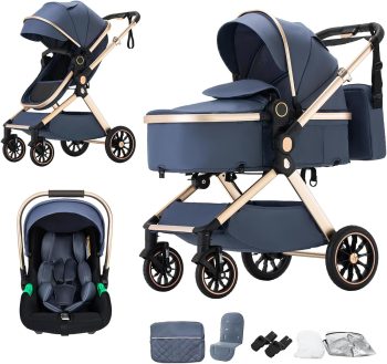 BEBBY Passeggino Trio 3 in 1, Carrozzine Lettini per Bambini e Neonati, Trio Set con Seggiolino, Alluminio Leggero con Piegamento, Funzione Combinata, Adatto da 0-22kg (U9-X-BLUE, U9-X)