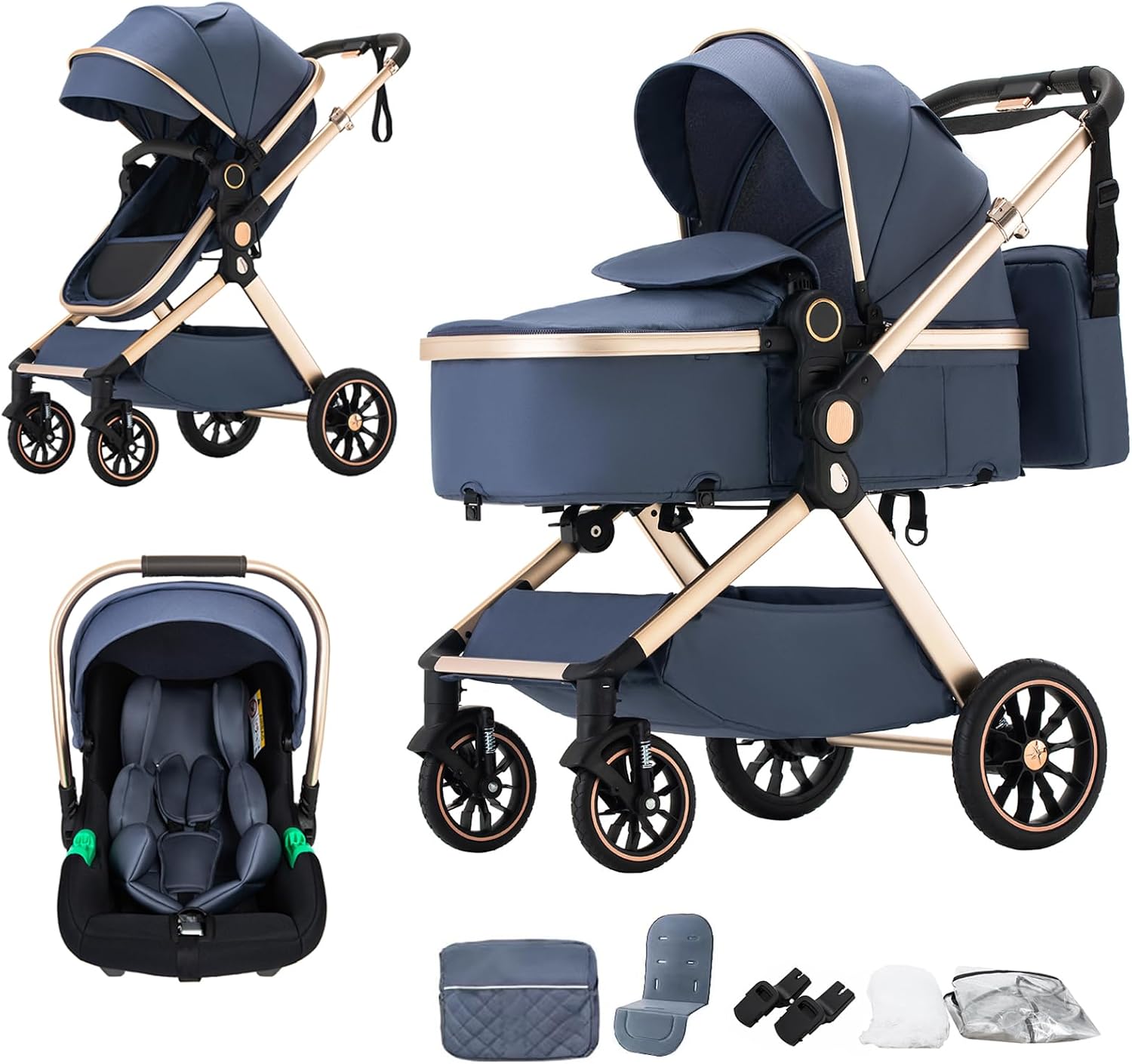 BEBBY Passeggino Trio 3 in 1, Carrozzine Lettini per Bambini e Neonati, Trio Set con Seggiolino, Alluminio Leggero con Piegamento, Funzione Combinata, Adatto da 0-22kg (U9-X-BLUE, U9-X)