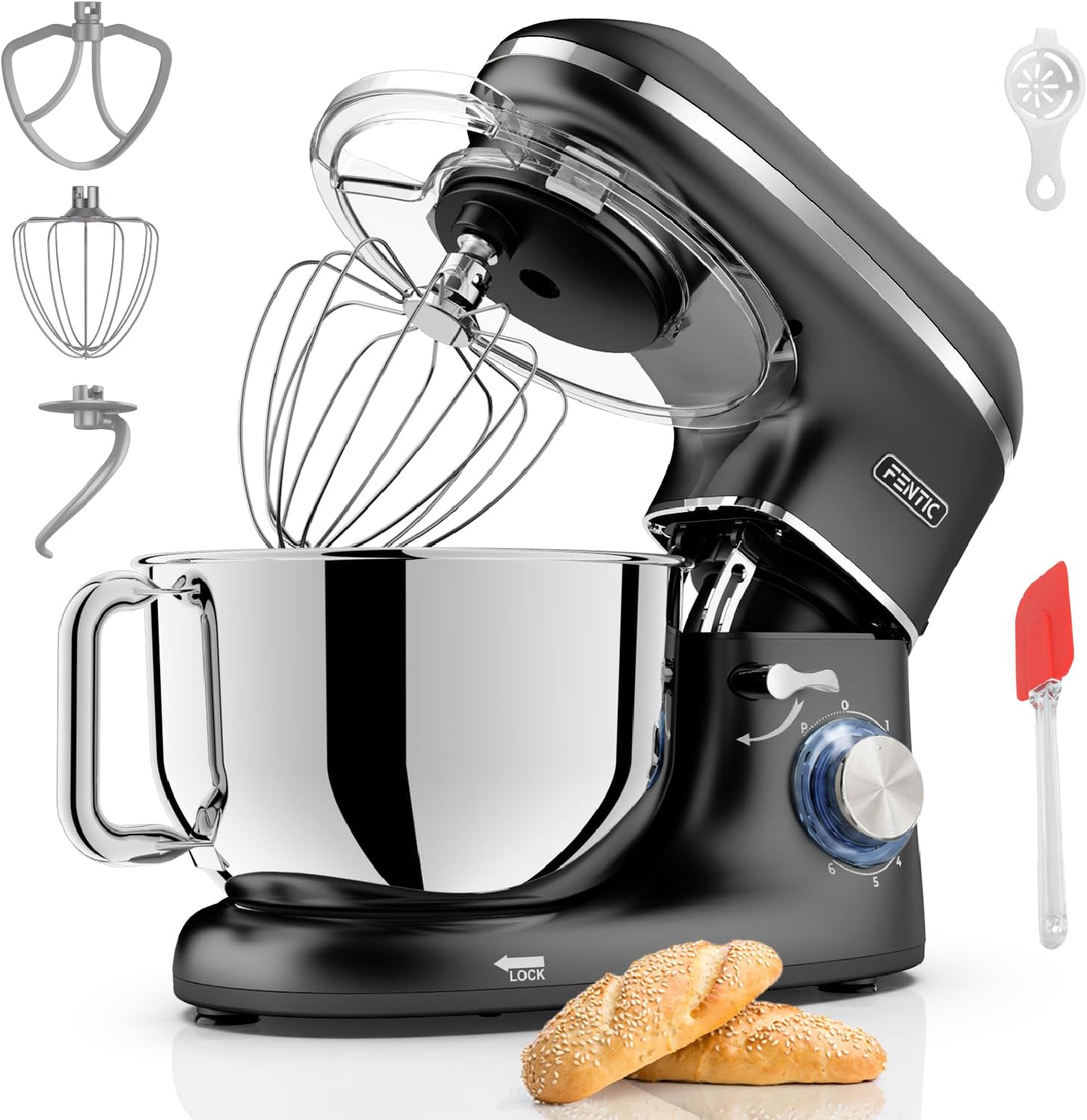 Impastatrice Planetaria - 2000W - Ciotola in Acciaio Inossidabile (6,2 L) - Impastatrice con Frusta, Gancio Impastare e Mescolatore - Inclusa e accessori extra - Nero