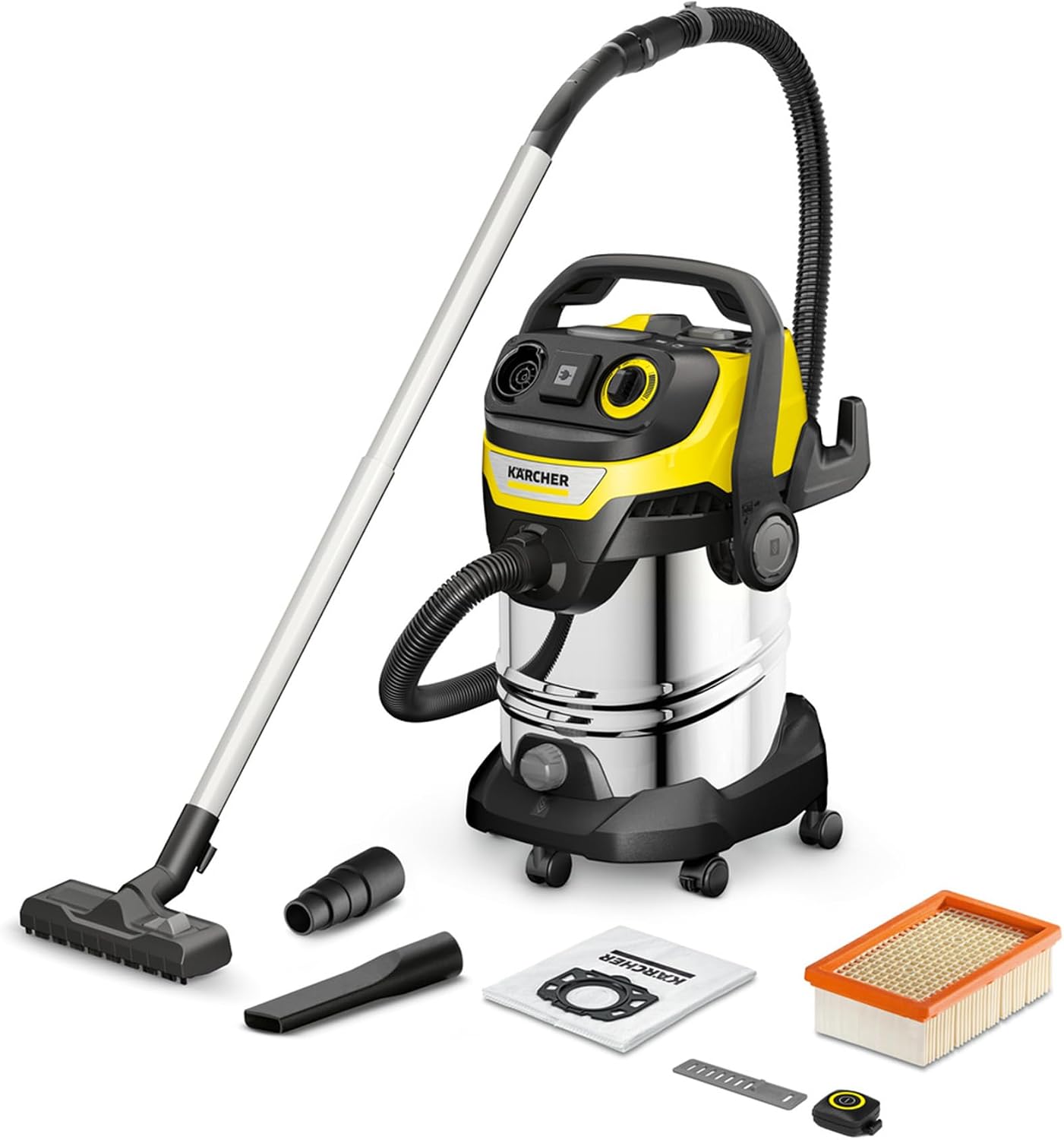 KÄRCHER aspiratore solidi liquidi WD 7 Control P S 30/6/35/T, sistema intelligente di controllo filtro, telecomando, presa integrata, funzione soffiaggio, 1400 W, serbatoio in acciaio inox: 30 l