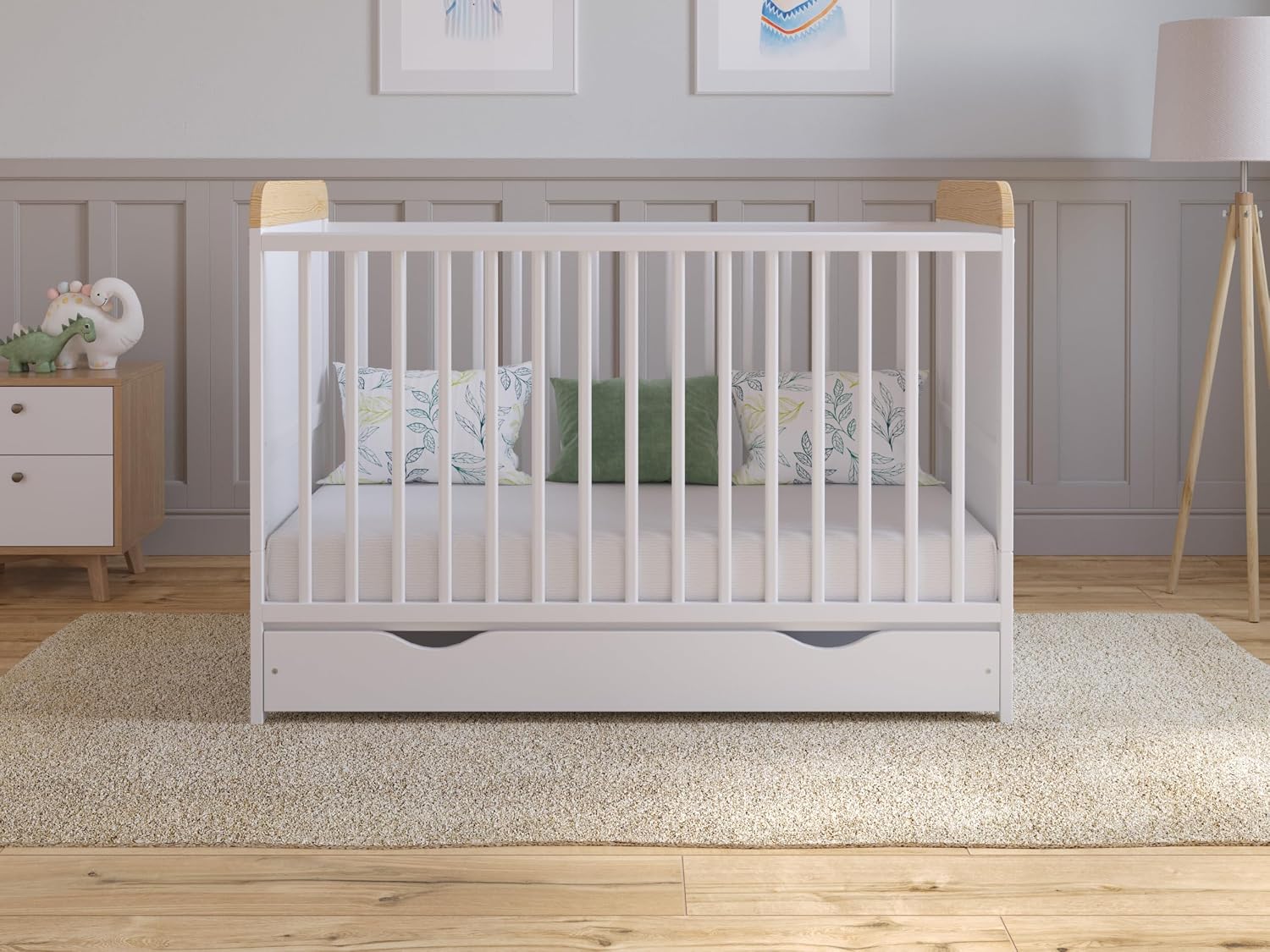 Love For Sleep Culla Neonato Con Materasso & Cassetto 120x60 cm Bianco-Pino, Lettino Neonato Legno Completo - Lettino Bambino 0-3 Anni, Culla Lettino Neonato