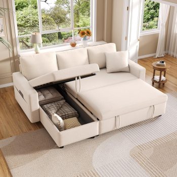 Divano letto 3 posti con contenitore,tasca contenitore,angolare a L,chaise longue intercambiabile a sinistra e a destra,divano 3 posti,Lino,Beige