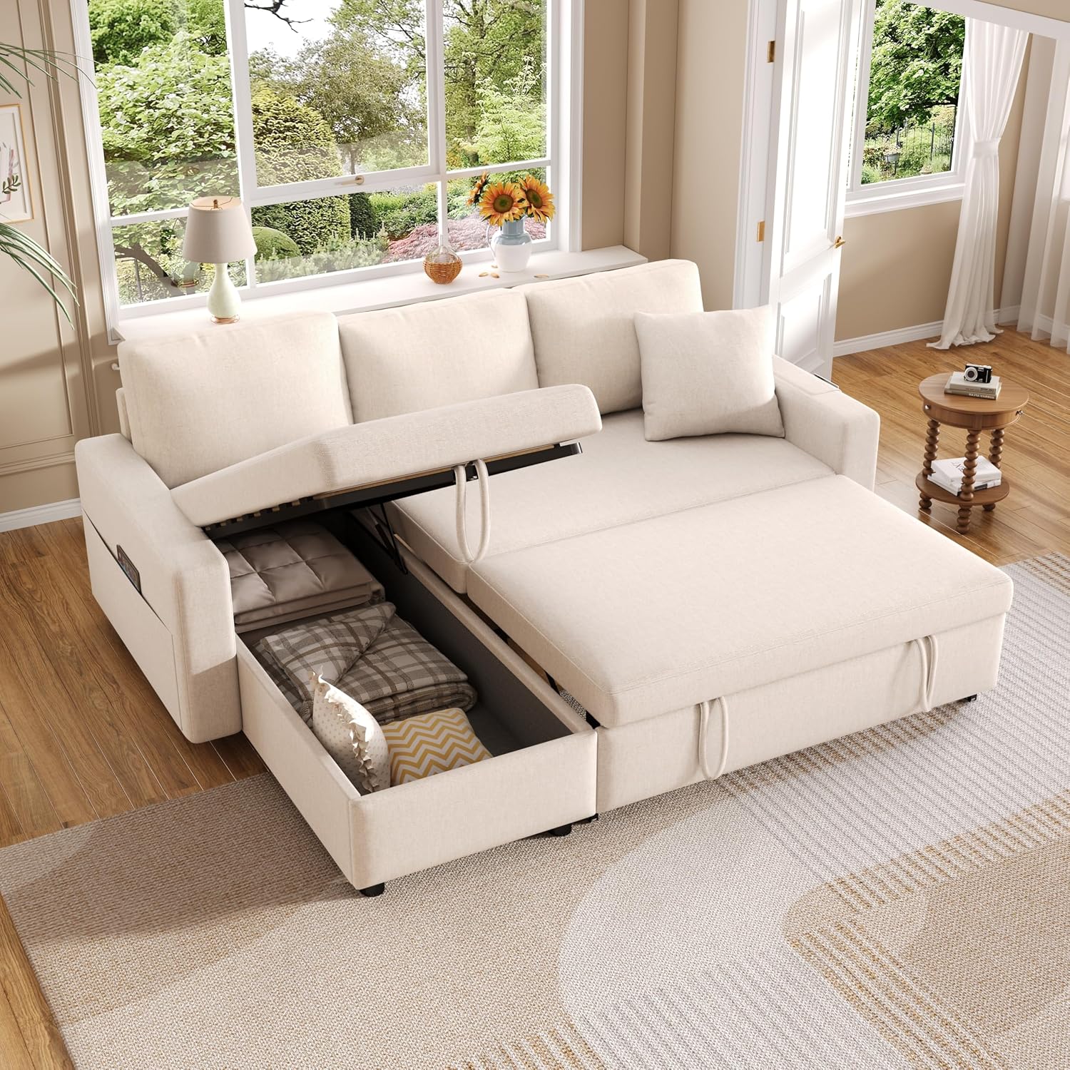 Divano letto 3 posti con contenitore,tasca contenitore,angolare a L,chaise longue intercambiabile a sinistra e a destra,divano 3 posti,Lino,Beige