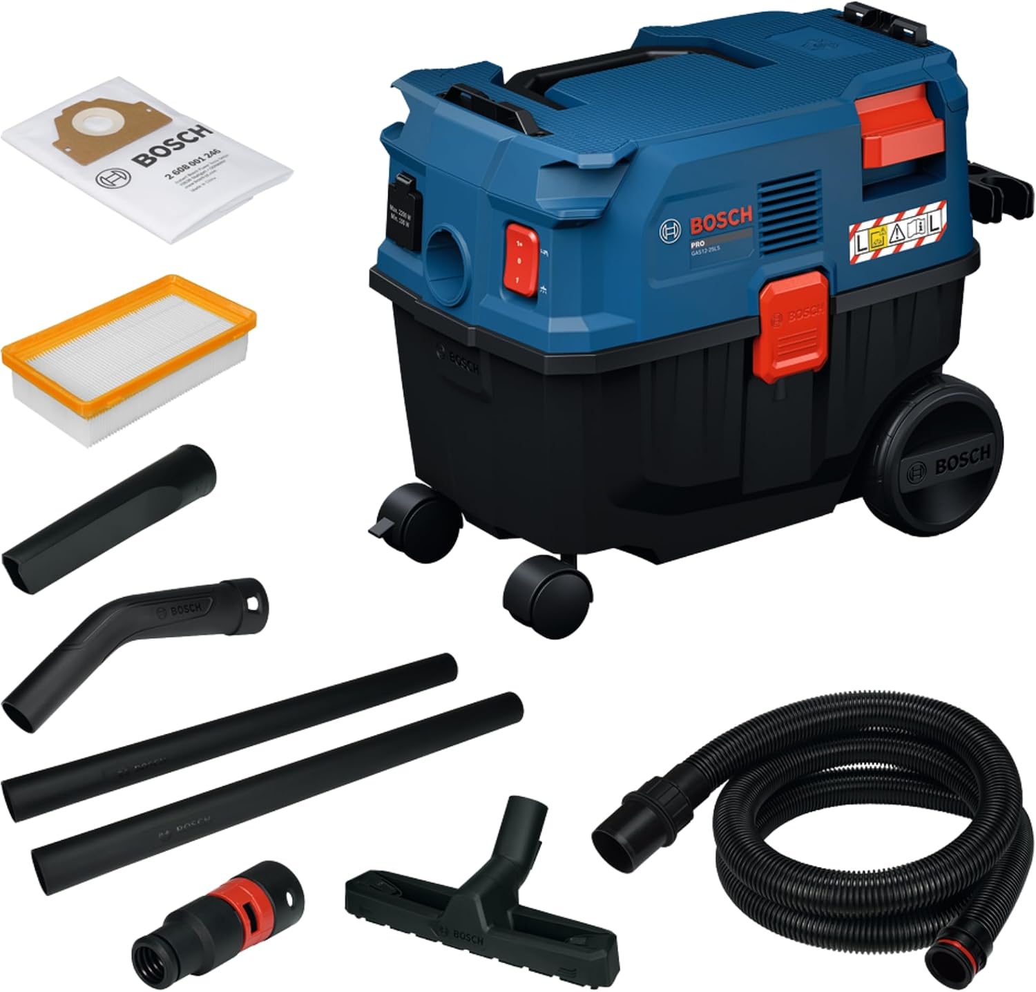 Bosch PRO Aspiratore a umido/a secco a filo GAS12-25LS (tubi di prolunga in plastica, filtro pieghettato piatto, tubo di aspirazione da 3,5 m, 3x bocchetta, borsa in tessuto, adattatore universale)