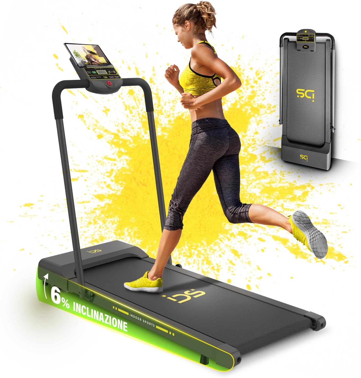 IDS Tapis Roulant Elettrico Salvaspazio, Marchio ITALIANO, 12 km/h, INCLINAZIONE, Compatto, Pieghevole, Display, Supporto Tablet, Telaio Rinforzato, Garanzia e Assistenza ITALIA Indoor Sports