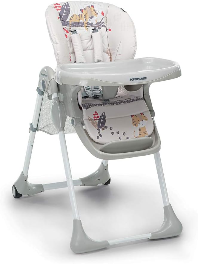 Foppapedretti Seggiolone Meeting, bambini da 6 mesi a 3 anni (fino a 15 Kg), Seduta/Poggiapiedi/Schienale Regolabili, Cesto Porta Oggetti, Stabile e Confortevole, con Imbottitura Lavabile, Baby Tiger