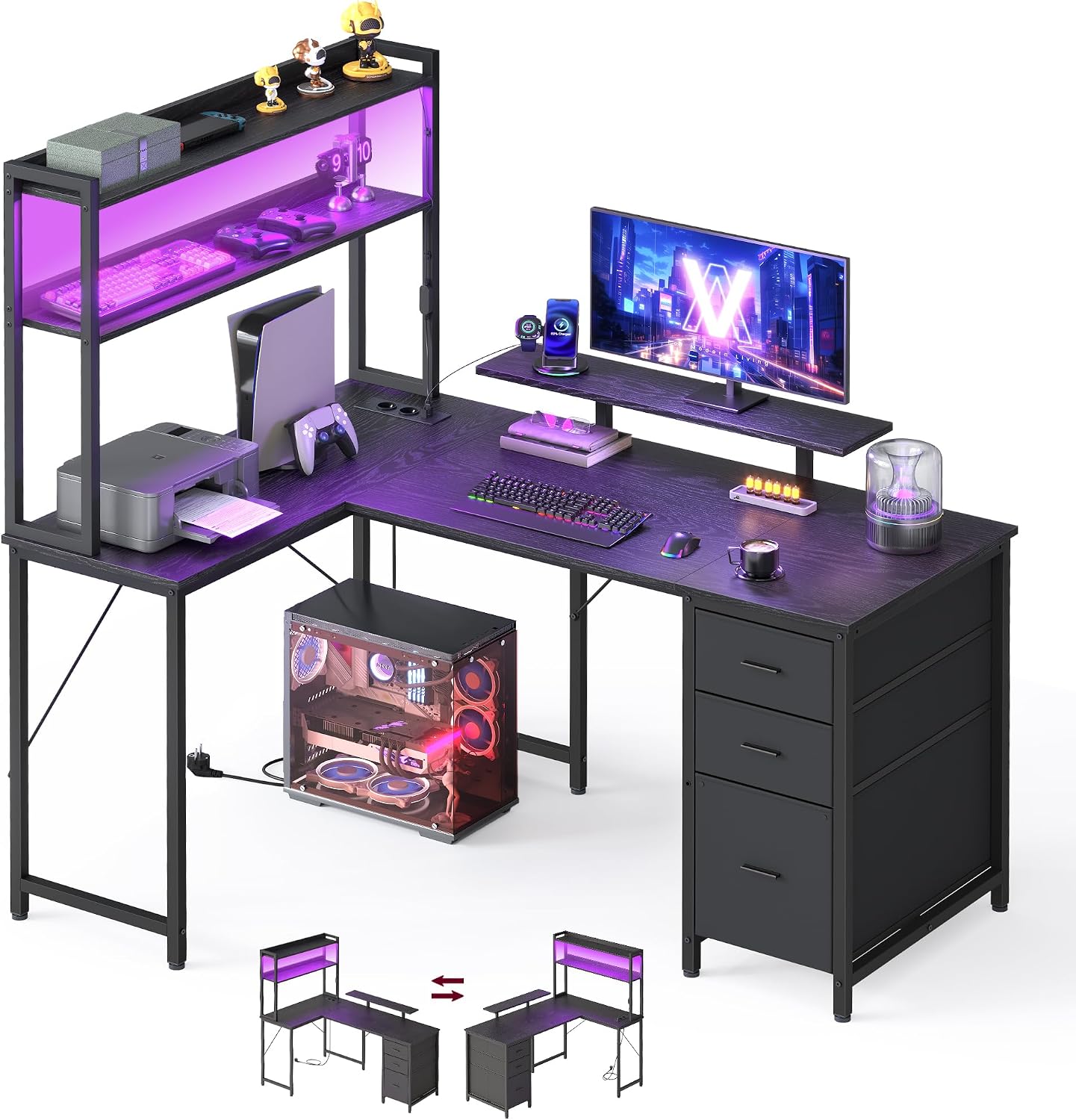 VASAGLE Scrivania Angolare, Scrivania da Gaming con Prese e Porte USB, Luci LED, 3 Cassetti, Supporto per Monitor, 140 x 100 x 150 cm, Nero, Collezione BARNET LWD162B101