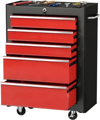 HOMCOM Carrello Porta Attrezzi con 5 Cassetti, Tappetini in EVA, Nero Rosso