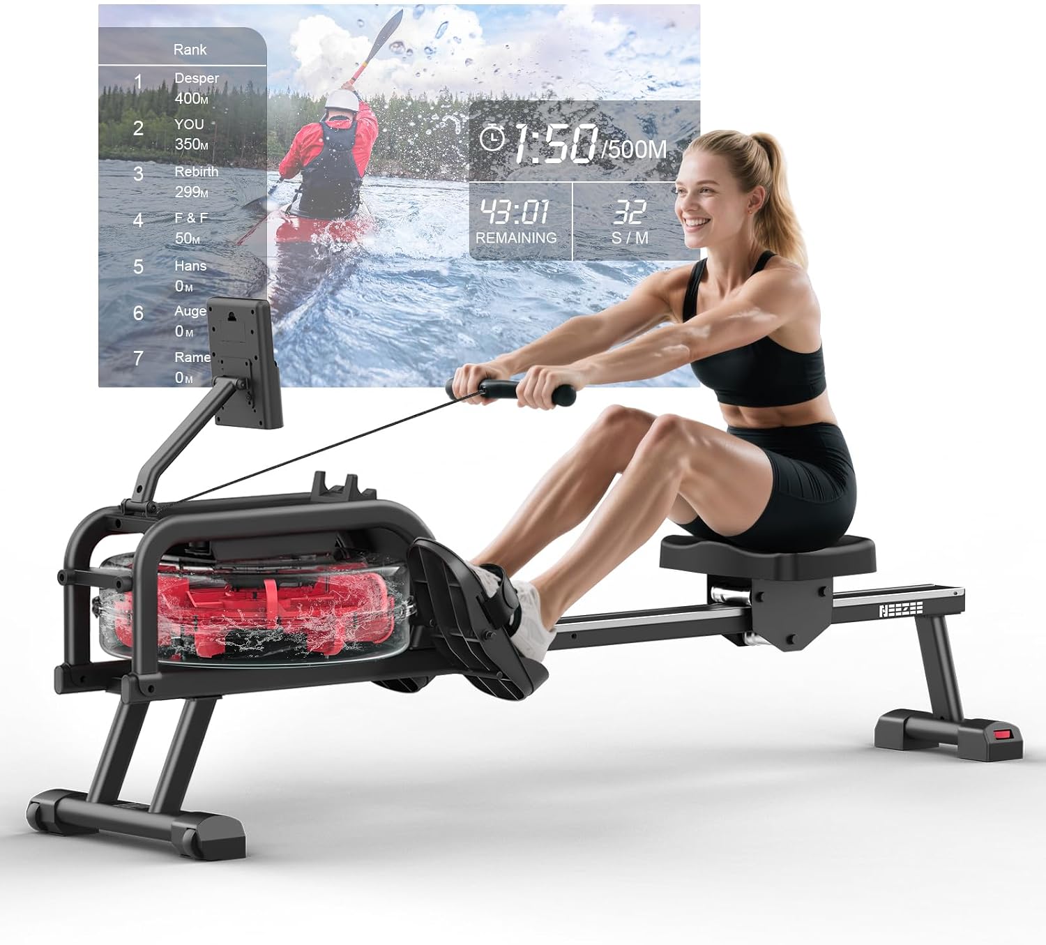 Neezee Vogatore, Vogatore Professionale per Casa con Binari in Acciaio Inox, Vogatore ad Acqua con Supporto per Tablet, Vogatore Resistente All'acqua e con Display LCD