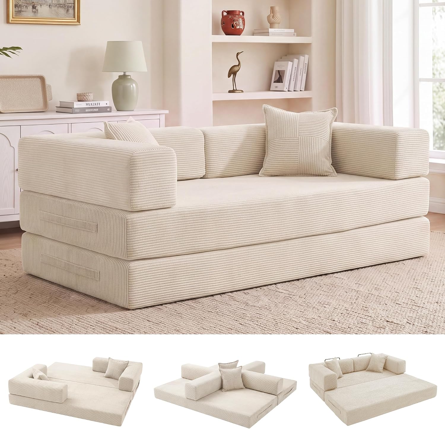 Vipbear Divano letto senza osso da pavimento 200cm,5 in 1 divano,Beige